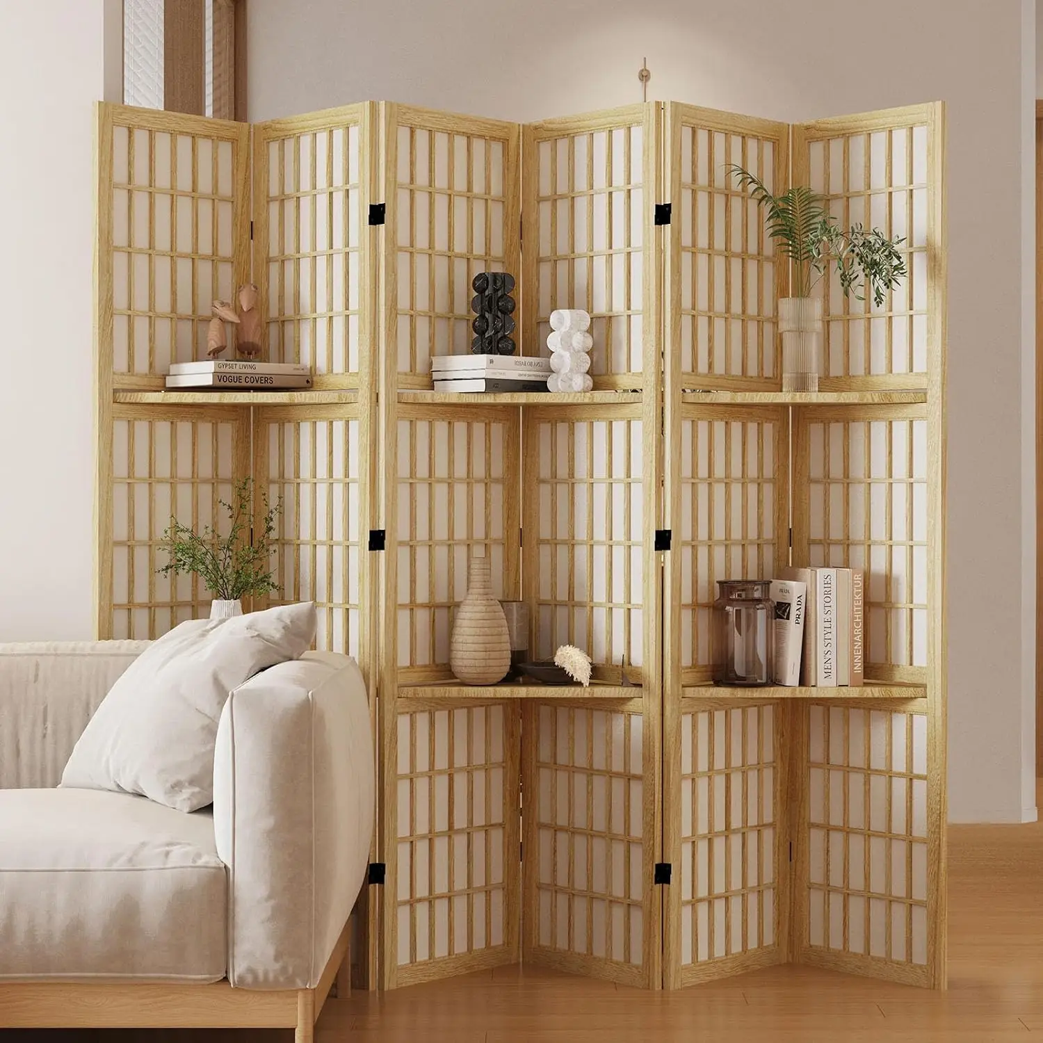 Shoji Screen Divider - Room Divider with Shelves, 66.9-Inch Tall